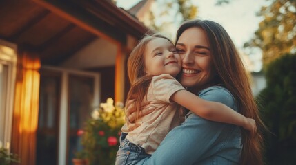 Fototapeta premium A woman is holding a young girl in her arms