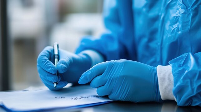 Close-up of gloved hands of clinician with pen writing down sample name