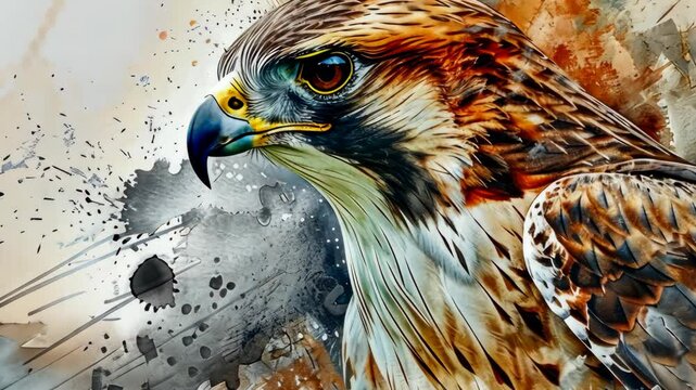 A close-up portrait of a hawk with colorful, abstract watercolor-style splatter paint behind it