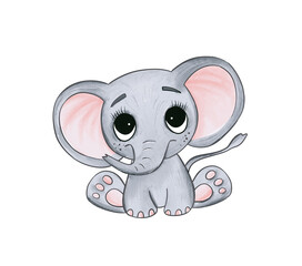 Cute baby elephant. Hand drawn illustration. Painting isolated on white background.
