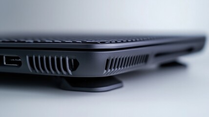 Close-up of a laptop edge, showcasing modern design and functionality on a white isolated background.