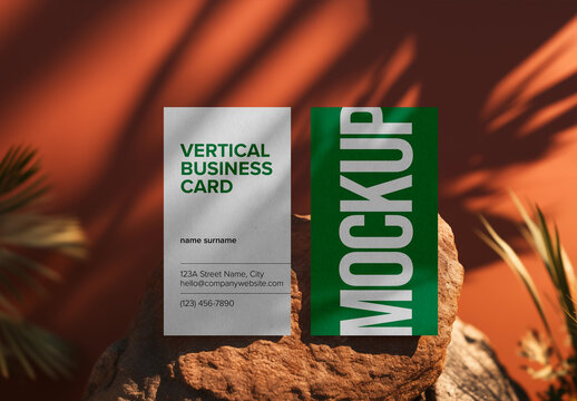 Modern Vertical Business Card Mockup &ndash; Stylish Front and Back Display with Warm Shadows and Natural Rock Setting