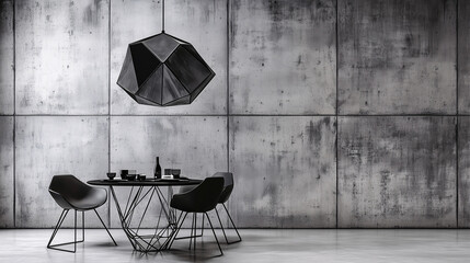 Elegant minimalist dining area with a black and white table setting, minimalist chairs, and a geometric pendant light