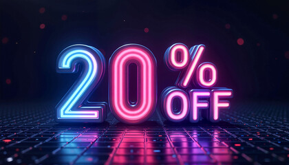 Bright pink and blue discount percentage sign with 20% off on dark digital background with copy space