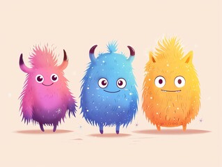 Fototapeta premium Fluffy creatures, with sparkles, flat design illustration