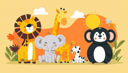Naklejka premium Playful animals, enjoying the sun, flat design illustration