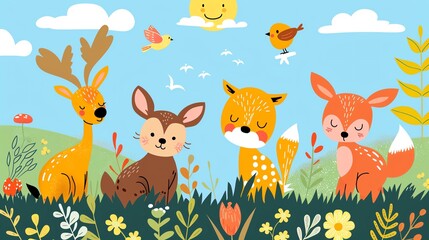 Naklejka premium Playful animals, in a meadow, flat design illustration