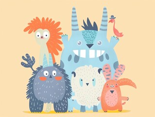 Fluffy creatures, with toys, flat design illustration
