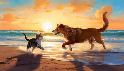 cat on the beach,  A Puppy and Kitten's Sunset Soiree,cat on the beach