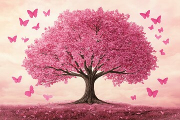 Obraz premium A pink tree, where each branch represents a different aspect of breast cancer support: hope, courage, awareness, and care with generatife ai