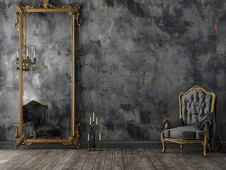 An old grey wall with a large golden frame mirror, vintage armchair, and candelabra, dark, atmospheric setting.