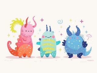 Fluffy creatures, with sparkles, flat design illustration