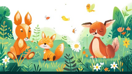 Playful animals, in a meadow, flat design illustration