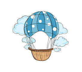 Hot air Balloon with clouds. Cartoon Painting isolated on white background.