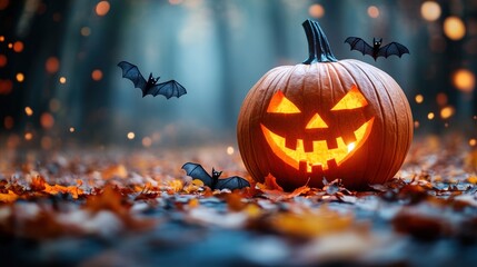 Fototapeta premium A glowing jack-o-lantern with bats flying above it in a spooky forest setting.