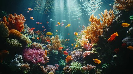 Obraz premium Vibrant Coral Reef with Colorful Fish and Sunbeams