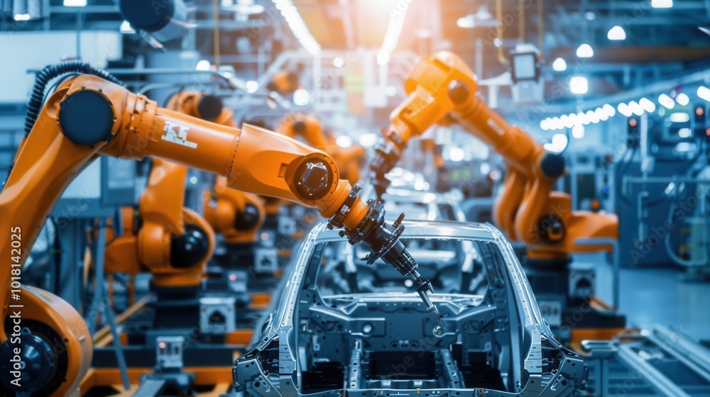 Poster robotic arms work meticulously to assemble various parts of a vehicle in a high-tech automotive manu