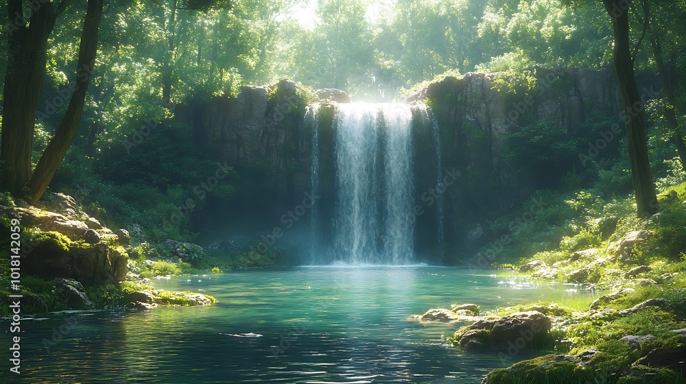 Aufkleber serene waterfall cascading into a tranquil pool surrounded by lush greenery.