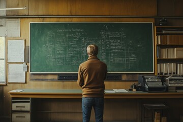 Man Standing Thoughtfully Before Blackboard Filled with Scientific Notations and Diagrams