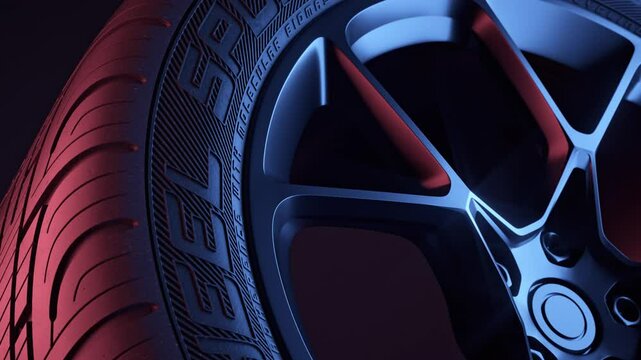 Close-up of a sport tire slowly rotating. Neon light on dark background. Realistic 3d render.
