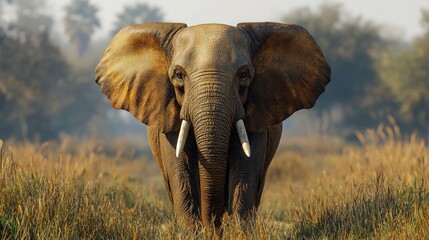 Fototapeta premium A majestic elephant stands in a grassy landscape at dawn.