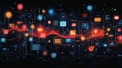 Abstract Digital Network of Interconnected Icons and Lines