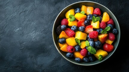 Fresh fruit salad in vibrant colors for kids' snack. Top view with copy space available.