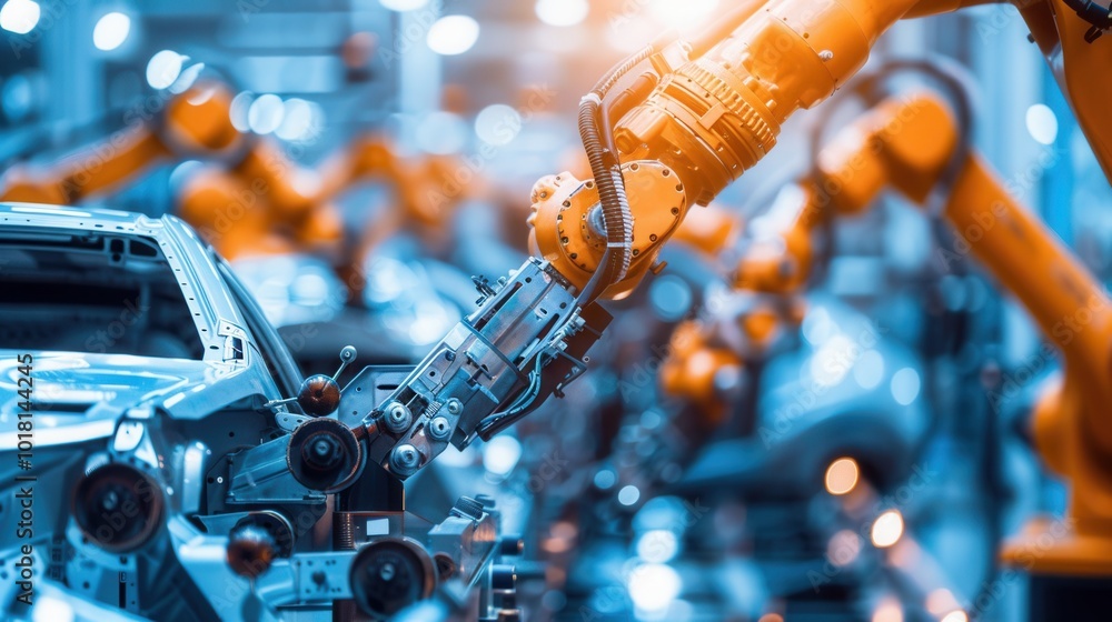 Leinwandbilder Advanced robotic arms are performing precise assembly tasks on vehicles in a high-tech automotive production environment. Generative AI