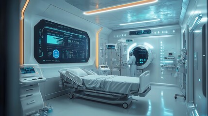 Futuristic Hospital Room with Patient Bed and Medical Equipment