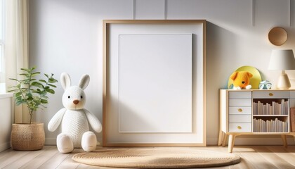 Close-Up of a Mock-Up Frame in a Cozy Children’s Room, Featuring Natural Wooden Furniture, Perfect for Showcasing Personalized Artwork or Photos in a Warm, Inviting Environment
