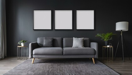 Stylish Living Room Featuring Three Accent Canvas Square Paintings on the Wall, Complementing the Modern Decor with Frames for Art, Perfect for Interior Design Inspiration and Home Aesthetics