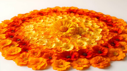 Vibrant arrangement of orange and yellow flowers in a circular pattern.