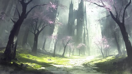 Fototapeta premium A mysterious path leads through a misty forest to a towering gothic structure.