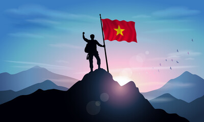 Vietnam flag, silhouette of a man holding a flag as a sign of success in reaching the top of the mountain with the morning sun in the background. Vector Illustrator