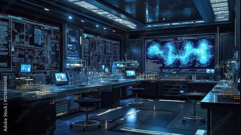 Poster futuristic laboratory with advanced technology and data displays.