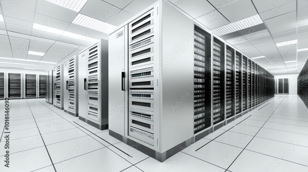 Poster a massive data center, filled with servers and cooling systems, representing cloud computing and big