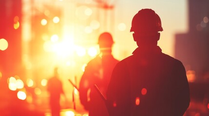 A team of engineers and construction workers in silhouette, tools in hand, against a blurred urban construction site, with light flares creating an energetic ambiance