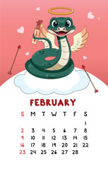 Obraz premium Vector vertical cute February calendar 2025 year with cartoon green snake with arrows, hearts, a cloud, wings and Cupid's halo. Calendar week starts Sunday. Monthly organizer. 