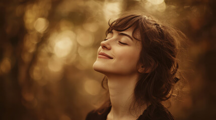 A close-up of a smiling woman with her eyes closed, face lifted towards the sky, light wind gently lifting her hair