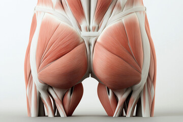Detailed anatomical depiction of the human posterior muscles, highlighting muscle fiber structure and arrangement, viewed from the back.