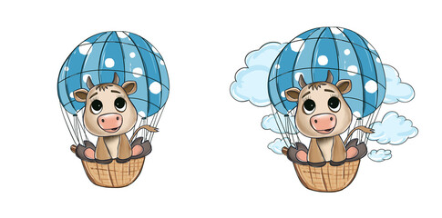 Cute baby cow on a hot air balloon. Hand drawn illustration. Painting isolated on white background.