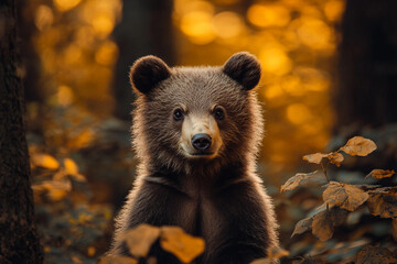 Obraz premium Autumn wood with little bear generated Ai image