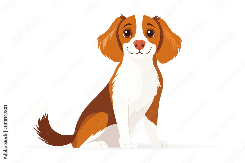 Wall mural Cute animated cartoon dog with brown and white fur, sitting and smiling, on a white background.