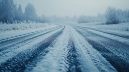 Fototapeta premium Car tires gripping a frosty road, leaving sharp tread marks on the snow and ice, cold atmosphere