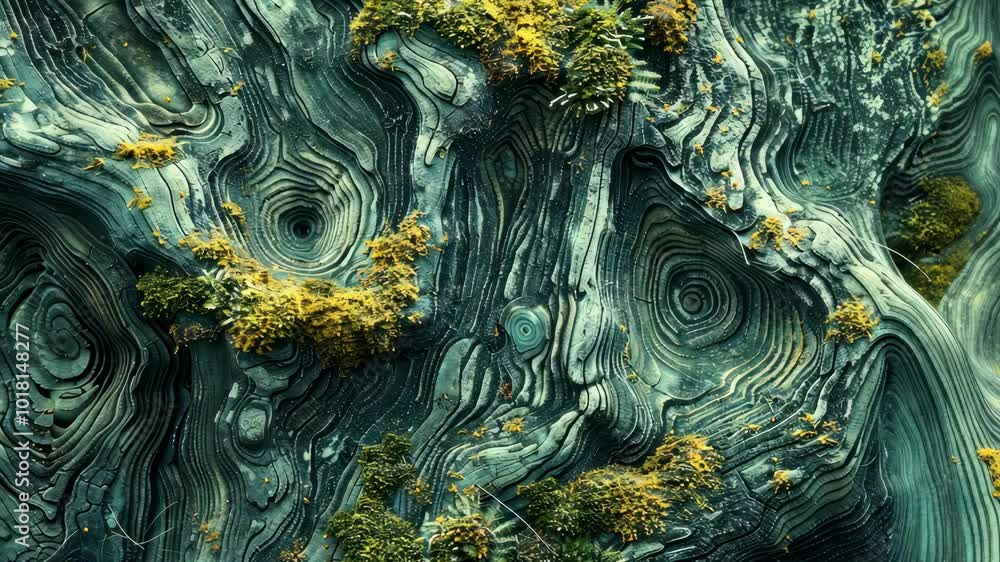 Poster close-up view of a moss-covered rock formation with intricate swirling patterns