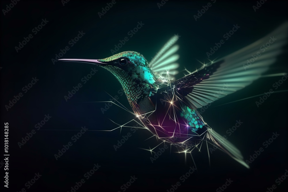 Wall mural the image shows a colorful hummingbird in flight, hovering near a branch, with vibrant feathers and 