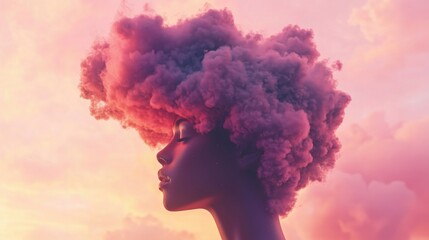 Cloud hairstyle, profile of woman with pink clouds