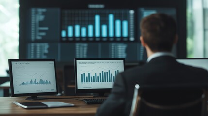 Fototapeta premium Businessman analyzing data on multiple screens.