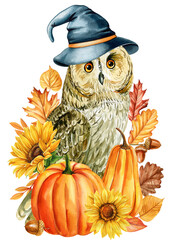 Halloween owl in witch hat with pumpkin, autumn leaves, flowers. Watercolor illustration for seasonal decor, art designs