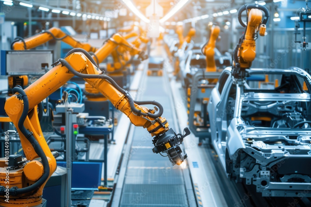 Leinwandbilder Precision robotic arms carry out intricate tasks on a car assembly line, enhancing production efficiency and accuracy. Generative AI